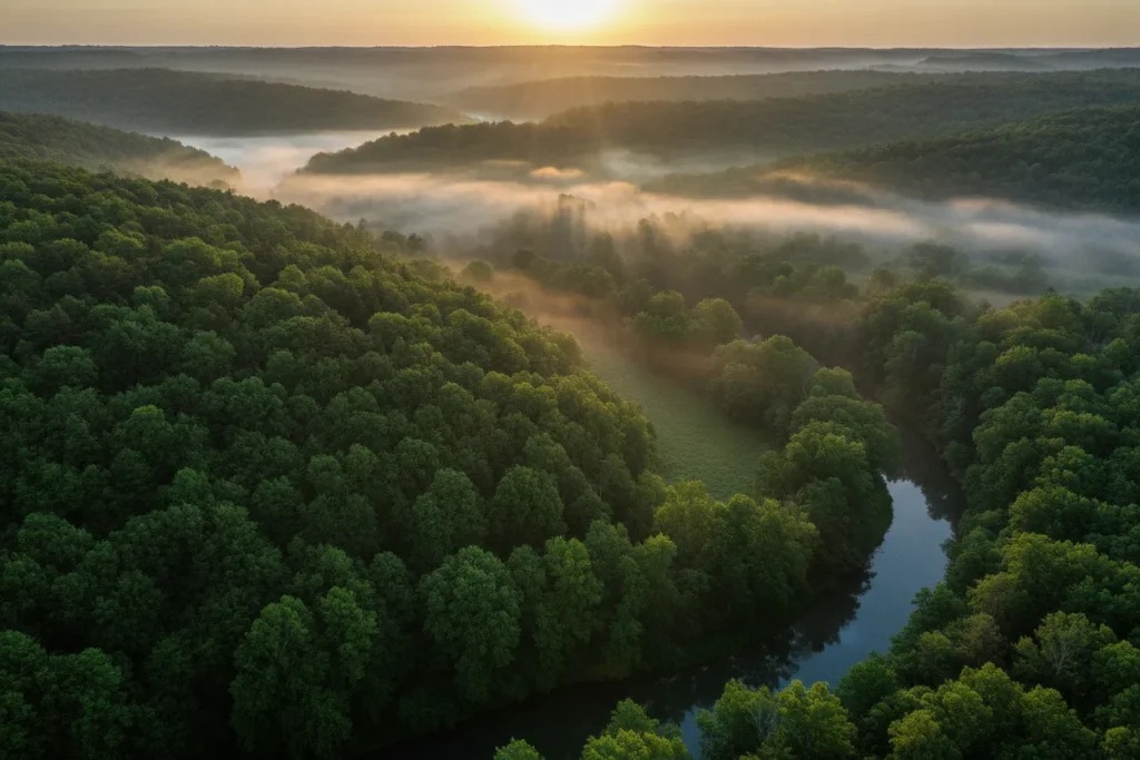 Padure verde luxurianta la rasarit