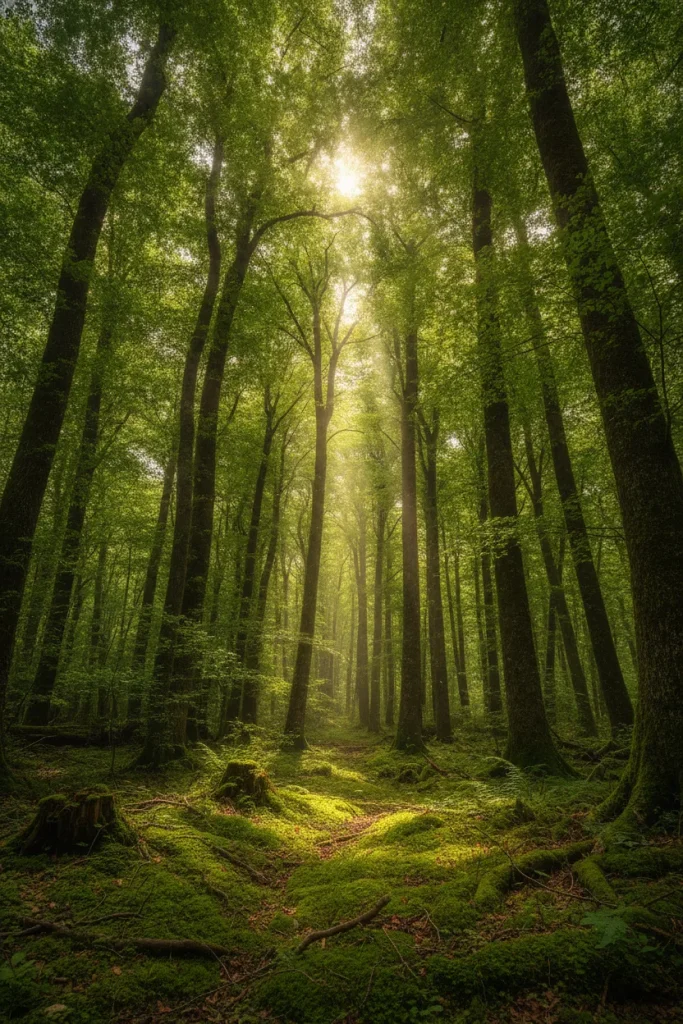 Padure verde cu raze de soare
